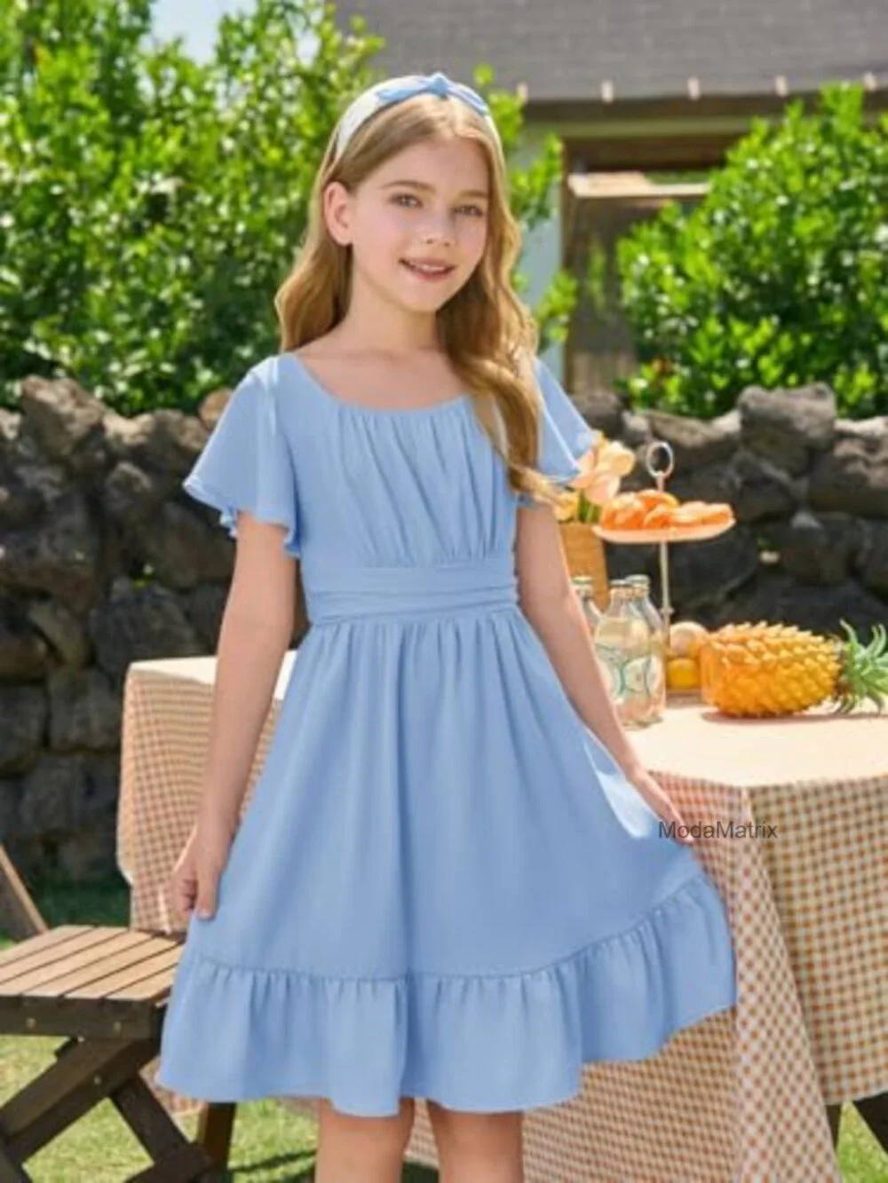 Girls Ruffle Short Sleeve Tie Back A-line Dress Square Neck Smocked Waist